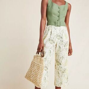 Gal Meets Glam Rachel Jumpsuit Green Linen Blend Palm Tree Tropical Sz 10